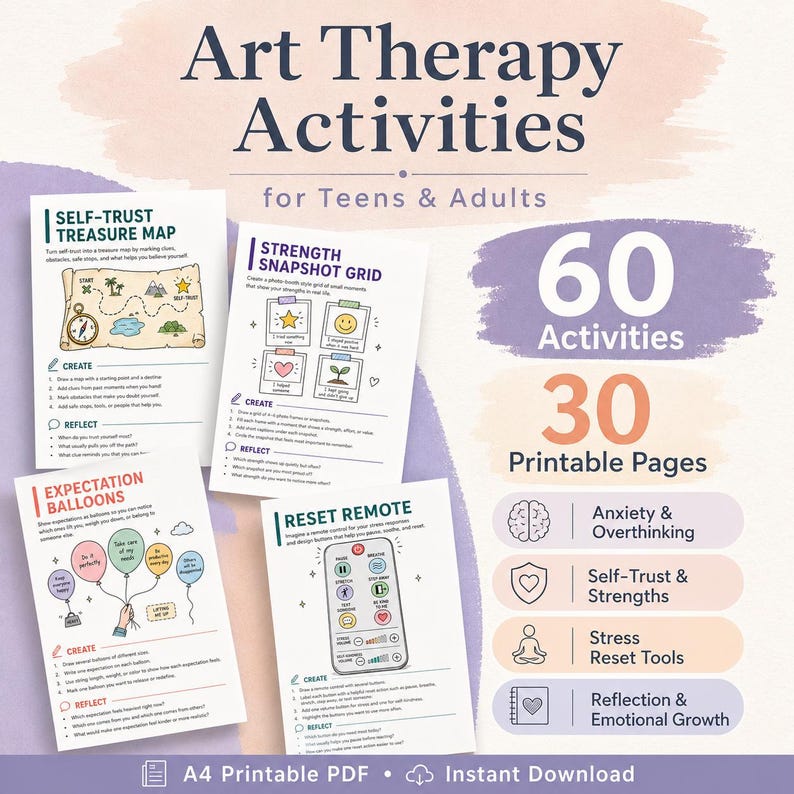 Art Therapy Activities Bundle, Doodle Creative Exercises for Anxiety & Mental Health, Printable Self Care Therapy Worksheets, Journal Pages image 1