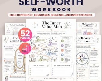 Self-Worth Workbook (52 Pages) - Self-care, Self-esteem & Confidence, Self-Development, Teenage Therapy Worksheets, Printables PDF Resources