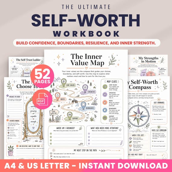 Self-Worth Workbook, Self-esteem Worksheets, Confidence & Boundaries Journal, Self-Development, Teenage Therapy Worksheets,  Adult Therapy