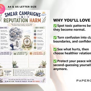 Puede incluir: Una hoja de trabajo imprimible en tama&ntilde;o A4 y carta de EE. UU. titulada Smear Campaigns & Reputation Harm. El documento presenta ilustraciones de un meg&aacute;fono, una br&uacute;jula y detalles florales, con secciones para notas y orientaci&oacute;n.