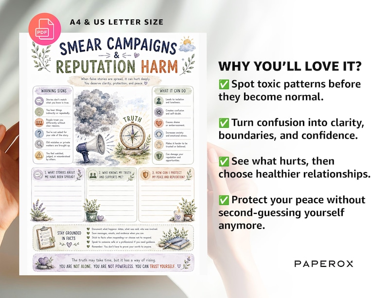 Puede incluir: Una hoja de trabajo imprimible en tama&ntilde;o A4 y carta de EE. UU. titulada Smear Campaigns & Reputation Harm. El documento presenta ilustraciones de un meg&aacute;fono, una br&uacute;jula y detalles florales, con secciones para notas y orientaci&oacute;n.