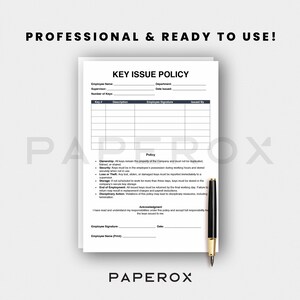May include: A white document labelled "KEY ISSUE POLICY" with a black pen and a decorative gold flower. The document includes fields for employee information and a table for key details. The text "PROFESSIONAL & READY TO USE!" is at the top.