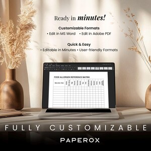 Op de afbeelding: Een laptop toont een "FOOD ALLERGEN REFERENCE MATRIX" document. De afbeelding bevat de tekst: "Ready in minutes!" en "Fully Customizable." Twee bruine vazen met gedroogde planten flankeren de laptop. De achtergrond is neutraal.