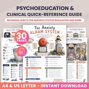 Könnte beinhalten: Ein 30-seitiger digitaler PDF-Leitfaden für Psychoedukation und klinische Kurzreferenz mit illustrierten Blättern zum Angstalarmsystem, Stress, Burnout und kognitiven Verzerrungen, inklusive detaillierter Texte und Diagramme zur Nervensystemregulation.
