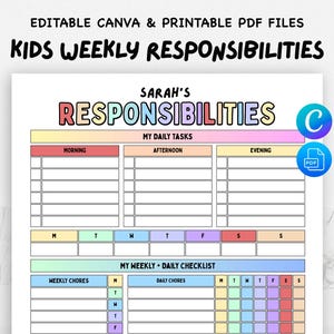 Printable Responsibility Chart for Kids & Teens - Editable Daily Weekly Chores Tracker - Routine Schedule - A4 PDF Canva Template