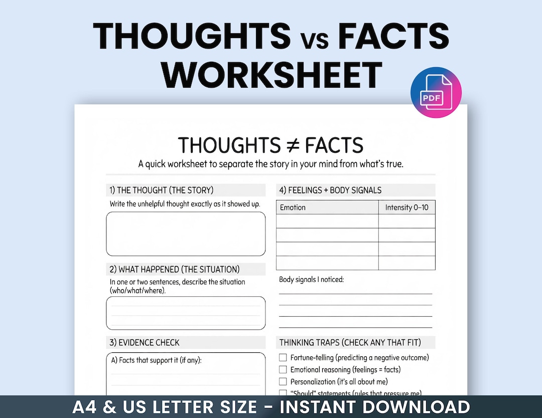 Thoughts Vs Facts Worksheet, CBT Thought Reframing, Reality Check ...