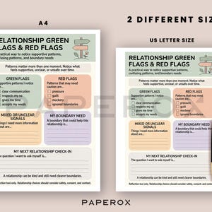 May include: Two relationship assessment charts, one A4 size and one US Letter size, titled "Relationship Green Flags & Red Flags." The charts list supportive and concerning patterns, and boundary needs. A black pen is included.