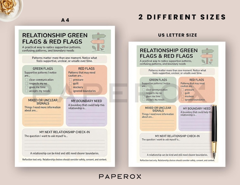 May include: Two relationship assessment charts, one A4 size and one US Letter size, titled "Relationship Green Flags & Red Flags." The charts list supportive and concerning patterns, and boundary needs. A black pen is included.
