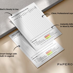 Op de afbeelding: Twee witte Food Allergen Reference Matrix-vellen met een duidelijke, professionele lay-out. De vellen zijn gelabeld met "Pre-Filled & Ready to Use", "Smart Design with Built-In Legend" en "Instantly Editable in Word & PDF". De vellen liggen op een beige oppervlak.