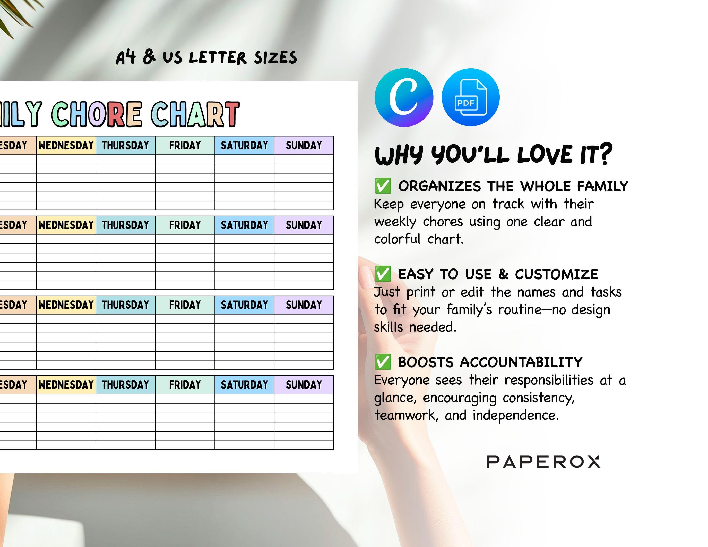Editable Family Chore Chart: Printable Weekly Task Tracker (PDF & Canva ...