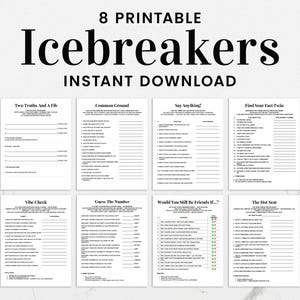 May include: Eight printable icebreaker games are displayed on white paper. The text "8 Printable Icebreakers Instant Download" is at the top. The games include "Two Truths And A Fib," "Common Ground," and "Say Anything!"