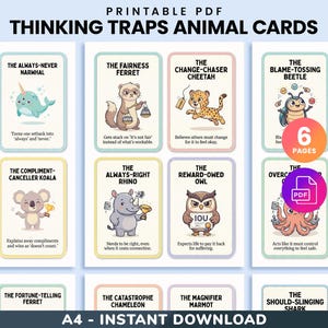 Pode incluir: PDF imprimível de cartões de animais de armadilhas de pensamento. Cada cartão apresenta um animal diferente com uma descrição de uma armadilha de pensamento. Os cartões incluem uma alpaca, um narval, um furão, um guepardo, um besouro, um ouriço, um feneco, um coala, um rinoceronte, uma coruja, um polvo e um axolotl.