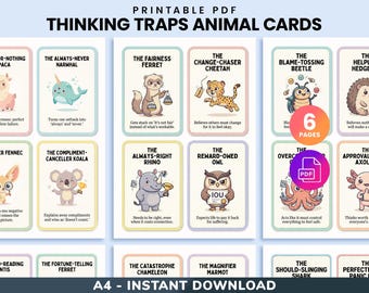 Thought Traps Cards Printable, Cognitive Distortions Therapy Tool, CBT Self Help Deck, Cute Animal Mental Health Cards, Anxiety Relief