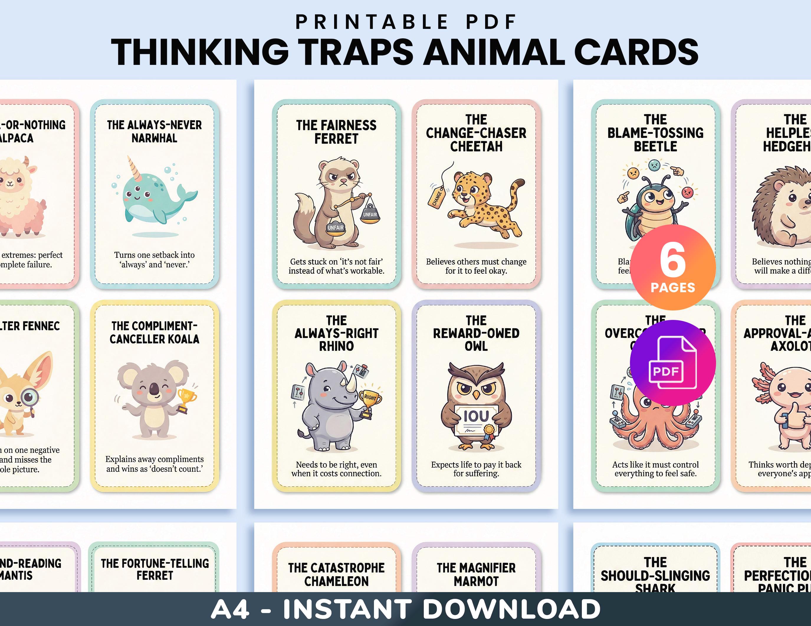 Thought Traps Cards Printable, Cognitive Distortions Therapy Tool