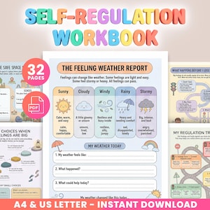 May include: A colorful workbook titled "SELF-REGULATION WORKBOOK" with pages illustrating emotional regulation techniques. The pages include charts, diagrams, and fill-in-the-blank sections. The workbook is available in A4 and US Letter sizes.