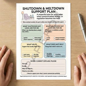 May include: A printed support plan titled "Shutdown & Meltdown Support Plan" with sections for personal needs during difficult times. The document includes checkboxes and prompts for self-assessment and communication. A silver pen rests on the wooden surface.