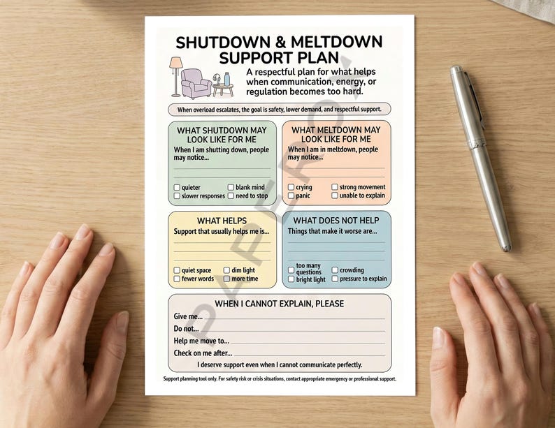 May include: A printed support plan titled "Shutdown & Meltdown Support Plan" with sections for personal needs during difficult times. The document includes checkboxes and prompts for self-assessment and communication. A silver pen rests on the wooden surface.