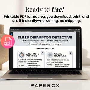 Pode incluir: Um laptop exibe um atlas de diagn&oacute;stico "Sleep Disruptor Detective". A tela mostra informa&ccedil;&otilde;es sobre problemas de sono, incluindo sintomas, causas prov&aacute;veis e solu&ccedil;&otilde;es simples. Um &iacute;cone PDF rosa &eacute; vis&iacute;vel. O texto "Ready to Use!" est&aacute; no topo.