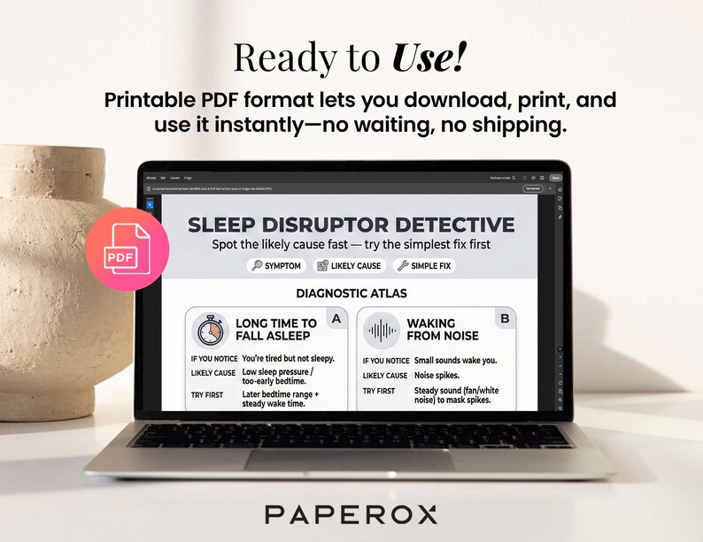 Pode incluir: Um laptop exibe um atlas de diagn&oacute;stico "Sleep Disruptor Detective". A tela mostra informa&ccedil;&otilde;es sobre problemas de sono, incluindo sintomas, causas prov&aacute;veis e solu&ccedil;&otilde;es simples. Um &iacute;cone PDF rosa &eacute; vis&iacute;vel. O texto "Ready to Use!" est&aacute; no topo.