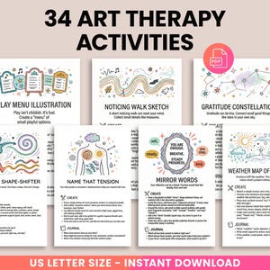 May include: A collection of art therapy activity sheets with titles like "Play Menu Illustration" and "Gratitude Constellation." The sheets feature colorful illustrations and prompts for creative expression. The text "34 ART THERAPY ACTIVITIES" is at the top.
