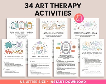 Lot d'activités d'art-thérapie, griffonnages d'exercices créatifs pour l'anxiété et la santé mentale, feuilles de travail d'autothérapie imprimables, pages de journal intime