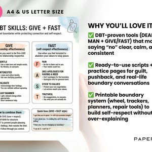 May include: A white printable document with the text "DBT SKILLS: GIVE + FAST" and bullet points explaining relationship and self-respect skills. The document is A4 and US Letter size.