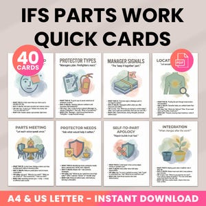 May include: A set of 40 quick cards titled "IFS PARTS WORK" with topics such as "Protector Types" and "Manager Signals." The cards feature illustrations and are available for instant download in A4 and US Letter sizes.