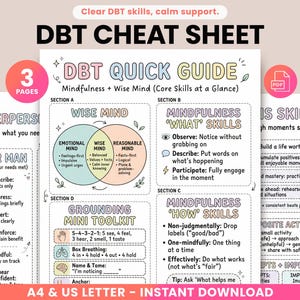 May include: A DBT Cheat Sheet with the title "DBT Quick Guide" and the text "Mindfulness + Wise Mind." The guide includes sections on Interpersonal Skills, Wise Mind, Mindfulness 'What' Skills, Mindfulness 'How' Skills, and Grounding Mini Toolkit. The document is available in A4 & US Letter format.