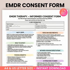 Könnte beinhalten: Ein weißes EMDR-Einverständnisformular mit dem Titel "EMDR CONSENT FORM" in fetten schwarzen Buchstaben. Das Formular enthält Abschnitte für Kundeninformationen, Informationen zu EMDR, Erwartungen, mögliche Vorteile, Risiken und Unannehmlichkeiten. Erhältlich in A4- und US-Letter-Größe.