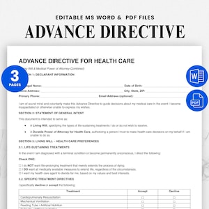May include: A white Advance Directive form for health care, with the title in bold black letters. The document includes sections for personal information, general intent, and health care preferences. Icons for MS Word and PDF files are visible.