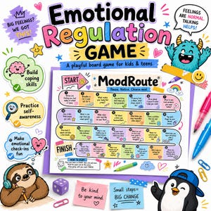 May include: The Emotional Regulation Game board features a colourful path with numbered spaces from 1 to 28, titled MoodRoute. It includes illustrations of a blue monster, a sloth with headphones, and a penguin, plus text like Be kind to your mind.