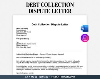 Debt Collection Dispute Letter, Debt Validation Letter, Debt Verification Form, Cease and Desist Letter, Editable Template - Printable PDF