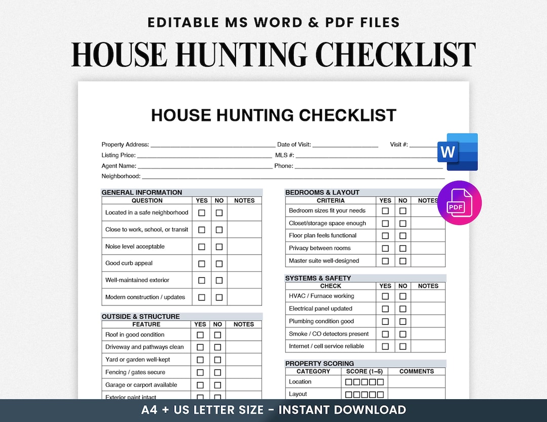 Printable House Hunting Checklist, Editable Home Buying Evaluation Form ...