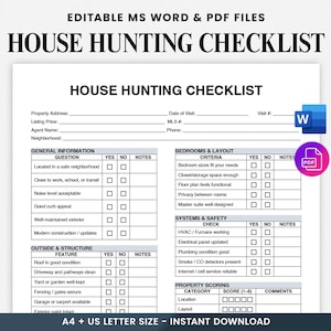 May include: A printable house hunting checklist in MS Word and PDF formats. The document includes sections for general information, bedrooms and layout, systems and safety, and property scoring. The checklist is designed for A4 and US Letter sizes.