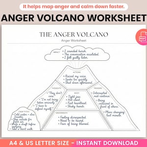 May include: A white worksheet titled "ANGER VOLCANO WORKSHEET" with a diagram to map anger. The diagram includes sections for impact, actions, thoughts, body, triggers, calm tools, and underneath feelings. Text at the top says "It helps map anger and calm down faster."