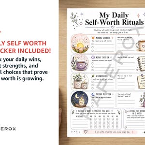 May include: A printed daily self-worth ritual tracker sheet featuring sections for morning, midday, afternoon, and evening routines. The page includes hand-drawn illustrations of sunrises, mugs, plants, candles, and stars, with text prompts for tracking daily habits and personal reflections.
