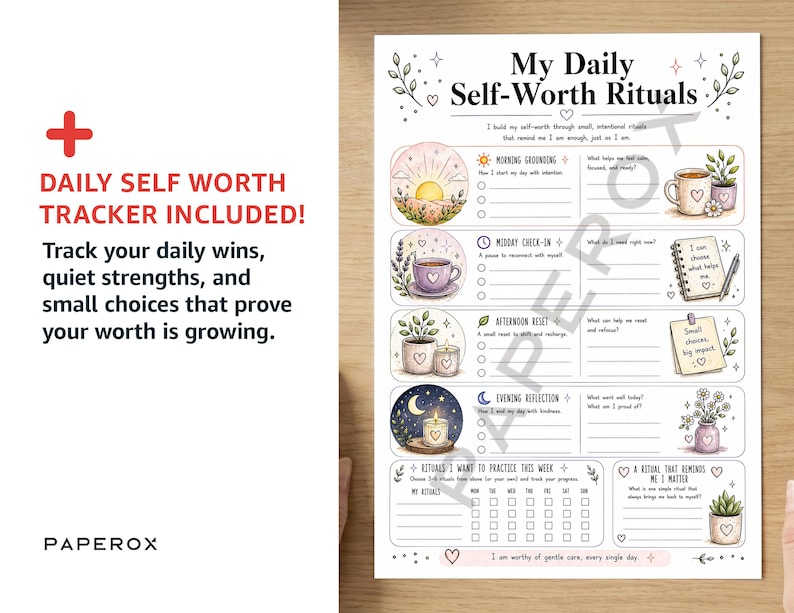 May include: A printed daily self-worth ritual tracker sheet featuring sections for morning, midday, afternoon, and evening routines. The page includes hand-drawn illustrations of sunrises, mugs, plants, candles, and stars, with text prompts for tracking daily habits and personal reflections.