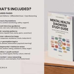 Puede incluir: Un libro de gu&iacute;a de estudio para el diagn&oacute;stico de salud mental con 80 p&aacute;ginas guiadas. La portada presenta un diagrama de mapa mental colorido. El texto incluye: WHAT'S INCLUDED? 80 GUIDED PAGES, Symptom Patterns, Differential Clues, Case Reasoning, PAPEROX.