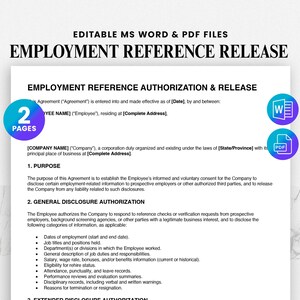 May include: A white document titled "Employment Reference Release" with the text "Employment Reference Authorization & Release." Includes a "2 Pages" graphic and icons for Word and PDF files. The document outlines employment-related information.