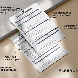 Puede incluir: Dos formularios blancos de encuesta salarial con detalles en azul oscuro se muestran en &aacute;ngulo. Los formularios incluyen secciones para detalles de compensaci&oacute;n e informaci&oacute;n del puesto. El texto incluye "Encuesta salarial". Totalmente personalizable.
