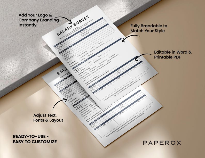 Puede incluir: Dos formularios blancos de encuesta salarial con detalles en azul oscuro se muestran en &aacute;ngulo. Los formularios incluyen secciones para detalles de compensaci&oacute;n e informaci&oacute;n del puesto. El texto incluye "Encuesta salarial". Totalmente personalizable.