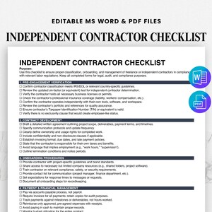 May include: A document titled "INDEPENDENT CONTRACTOR CHECKLIST" with a detailed list of items for pre-engagement verification, contract development, onboarding procedures, and payment & financial management. Includes MS Word and PDF file icons.