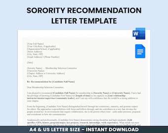 Sorority Recommendation Letter Template, Sorority Letter of Recommendation, Greek Life Rec Letter, Editable Google Docs & Microsoft Word