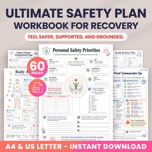 Op de afbeelding: Een 60-pagina tellend digitaal PDF-werkboek getiteld Ultimate Safety Plan Workbook for Recovery, met pagina's zoals Personal Safety Priorities, Body Awareness en Communication Tips. Beschikbaar in A4- en US Letter-formaten voor download.