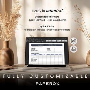 Puede incluir: Un ordenador port&aacute;til que muestra una plantilla de informe escolar para la educaci&oacute;n en el hogar. La plantilla es personalizable y editable en Microsoft Word y Adobe PDF. El texto en la pantalla dice "Homeschool Report Card".