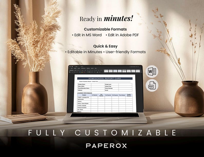 Puede incluir: Un ordenador port&aacute;til que muestra una plantilla de informe escolar para la educaci&oacute;n en el hogar. La plantilla es personalizable y editable en Microsoft Word y Adobe PDF. El texto en la pantalla dice "Homeschool Report Card".
