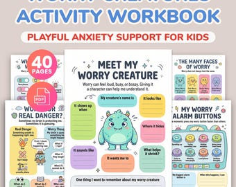 Worry Monster Anxiety Workbook for Kids, CBT Worksheets, Coping Skills Activities Kid, School Counseling Resources, Children Therapy Games