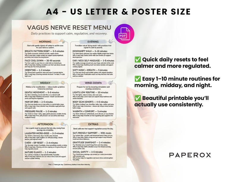 Vagus Nerve Reset Menu Printable PDF - Nervous System Regulation Cheat