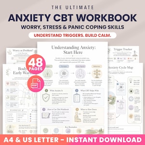 May include: A 48-page digital CBT workbook for anxiety, stress, and panic coping skills. The document features pages titled Understanding Anxiety, Body Early Warning, Trigger Tracker, and Anxiety Cycle Map with diagrams, text, and icons.