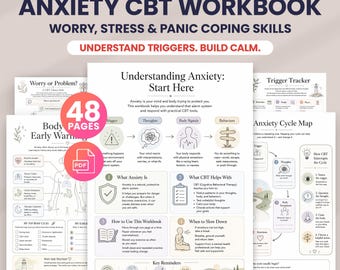 Anxiety Workbook - CBT Therapy Worksheets for Adults & Teens, Worry Stress Panic Coping Skills, Mental Health Printable PDF Therapy Tools